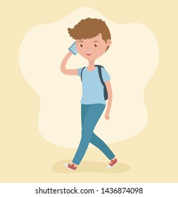 young boy walking using smartphone