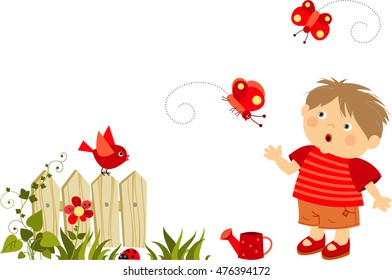 young boy walking , vector cartoon illustration isolated 