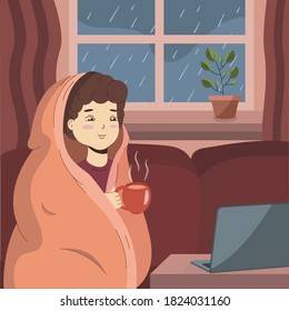 Young boy warming up with blanket and hold in hand cup of tea or coffee when it rains outside the window. Man sits on couch and looking on laptop some movie or news. Autumn vector illustration.