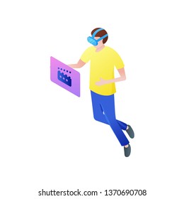 Young boy watch online movie in vr goggles