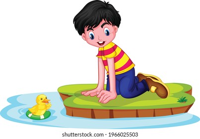 A young boy watching the Duck cartoon vector art and illustration