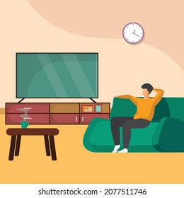 Young boy watching TV on  green sofa in home room interior. Man on sofa watch tv, illustration of male in room with tv screen