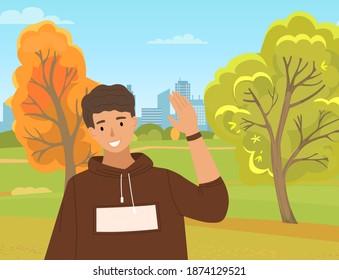 Young boy wave his hand. Male character is showing greeting gesture. Boy in brown hoodie, smiles and raises his hand. Forest with trees, on the background. A boy is walking in the autumn forest