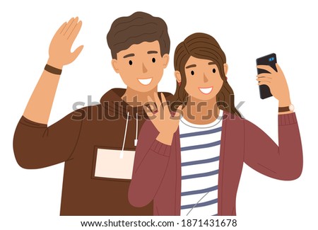 Young boy is waving his hand. Male character is standing next to the girl. Female character in sweater is making selfie and raises her hand. Vector illustration isolated on white background