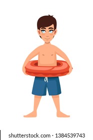 Young boy wear blue pants with red Lifebuoy. Cartoon character design. Flat vector illustration isolated on white background.