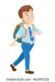 Young boy wearing a backpack walking to school on white. Cartoon vector illustration