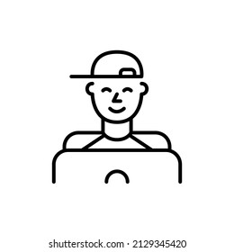 Young boy wearing a baseball cap at a laptop. Pixel perfect, editable stroke icon