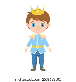 A young boy wearing a blue costume with a crown on his head. He is smiling. The image is in black and white