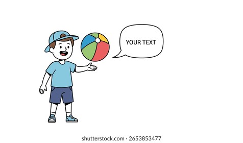Young boy wearing blue shirt and shorts holding a colorful beach ball with a speech bubble ready for text
