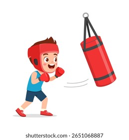 Young boy wearing boxing gear, practicing boxing with punching bag, smiling and ready to punch