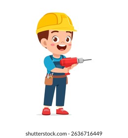 young boy wearing a construction worker uniform is holding a drill