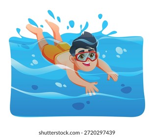 Muchacho joven que lleva las gafas que bucean y que nada en agua azul clara. Vector ilustración de dibujos animados