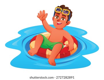 Muchacho joven que lleva las ondas de las gafas mientras que se relaja en el salvavidas en la piscina. Vector ilustración de dibujos animados