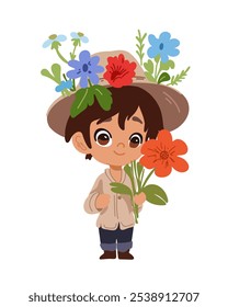 Young boy wearing a hat, holding a bouquet of flowers, cheerful and cute illustration