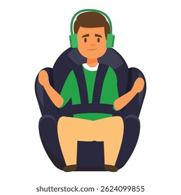 Young boy is wearing headphones and sitting in a car seat, enjoying the music during a ride
