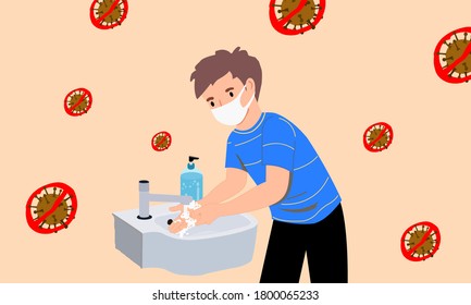 Young boy wearing a mask to wash his hands. Regularly wash your hands and clean them regularly. Sterilize with alcohol gel. Prevent the spread of pathogens (Coronavirus, COVID-19)