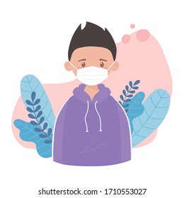 young boy wearing medical mask, cartoon, character, prevention coronavirus disease covid 19 vector illustration