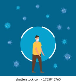 Young boy wearing protective medical mask to against covid-19. Concept of corona virus, health care and medical concept. Cartoon character illustration in flat style.