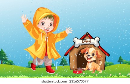 Young boy wearing raincoat playing with dog at garden illustration