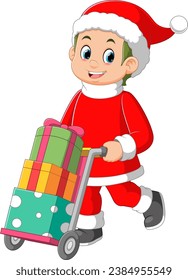 Young boy wearing santa claus costume carrying a gifts in trolley pushcart of illustration