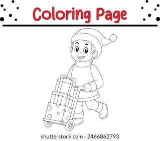 young boy wearing Santa Claus costume carrying gifts coloring book page for children