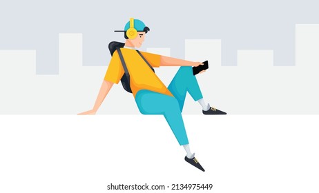 A young boy wearing stylish clothes with backpack sitting on a white wall while using a mobile phone to listening music. Teenage boy relaxing on a wall while listening music. vector illustration