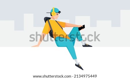A young boy wearing stylish clothes with backpack sitting on a white wall while using a mobile phone to listening music. Teenage boy relaxing on a wall while listening music. vector illustration