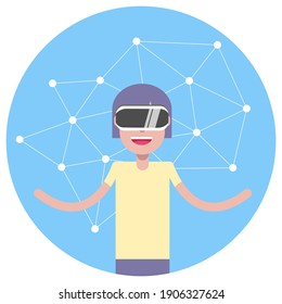 Young boy wearing virtual reality headset equipment with social networking background. Online gaming, entertainment, internet connection. Simple flat design cartoon character vector illustration.
