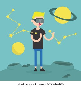 Young boy wearing virtual reality glasses surrounded by planets and stars / flat editable vector illustration, clip art