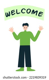 Ein kleiner Junge mit Begrüßungsbanner