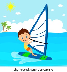 Young boy windsurfing  in the sea,illustration vector