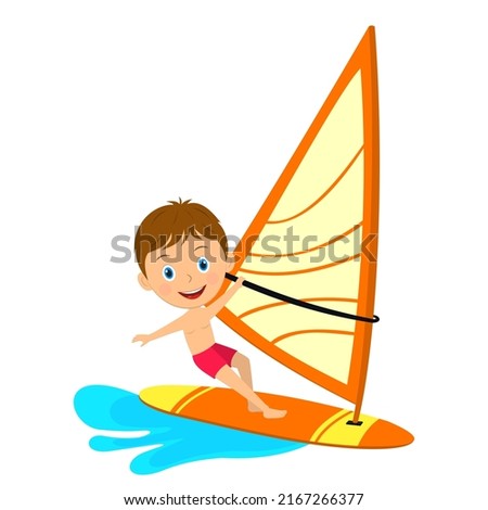 Young boy windsurfing  in the sea,illustration vector Foto d'archivio © 