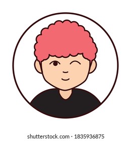 young boy wink expression cartoon character, round line icon vector illustration