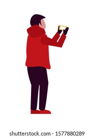 young boy with winter clothes taking picture with cellphone vector illustration design