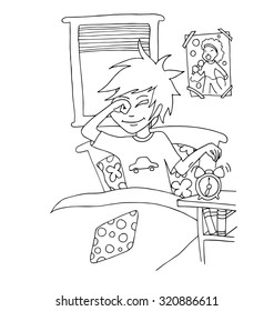 the young boy woke up hand drawing cartoon outline for coloring isolated on the white background