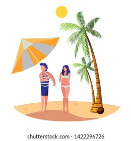 young boy with woman on the beach summer scene