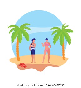 young boy with woman on the beach summer scene