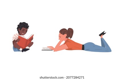 Young Boy and Woman Sitting and Lying Reading Book Vector Set