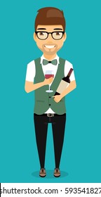 Young boy is working as a bartender. Isolated on a blue background in cartoon style. Bartender holding a glass in one hand into another bottle of wine.