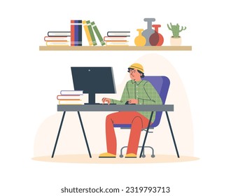Young boy working at computer flat style, vector illustration isolated on white background. Workplace, decorative design element, books and vases on shelf, smiling character
