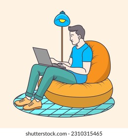 Young boy working on a bean bag chair with a laptop using from home, flat coloring line art minimal illustration 