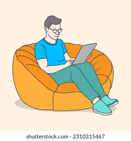 Young boy working on a bean bag chair with a laptop using from home, flat coloring line art minimal illustration 
