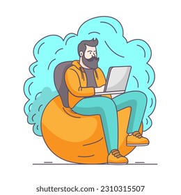Young boy working on a bean bag chair with a laptop using from home, flat coloring line art minimal illustration 