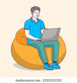 Young boy working on a bean bag chair with a laptop using from home, flat coloring line art minimal illustration 