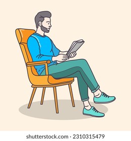 Young boy working on a chair and table with a mobile phone using from home, flat coloring line art minimal illustration