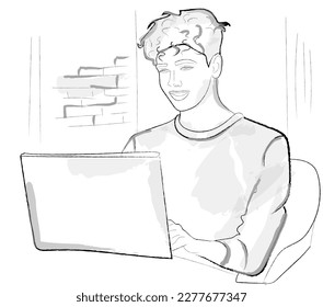 Young boy working on laptop. Happy Teenager vector storyboard
