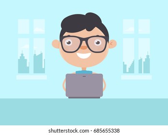Young Boy Working on Laptop at Home. Flat Design Style. 