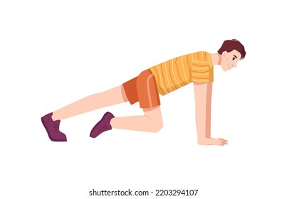 Young boy working out at home, teenager going sports and keeping fit. Isolated male character standing in plank growing muscles. Vector in flat cartoon style