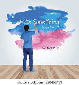 Young boy write something on colorful painted brush area in room space. Vector abstract background for creative art design.