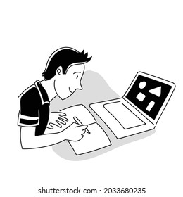 Young boy writing on notebook, working with laptop. Online Education, Home Schooling and e-Learning related illustration with editable stroke.